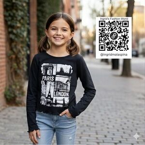 Art Class Long Sleeve "City Collage" Crop Top Paris & London Y2K Style Size M/8